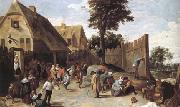 TENIERS, David the Younger Peasants dancing outside an Inn (mk25) oil on canvas
